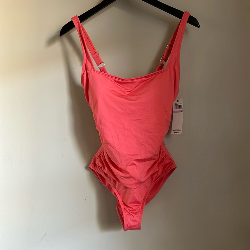 Anne Cole JUICY CORAL Square-Neck Ruched One-Piece Swimsuit, US‎ 6 NWT Solid